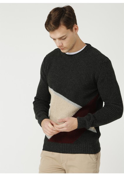 O Yaka Ajurlu Desen Antrasit Melanj Kazak fırsatları