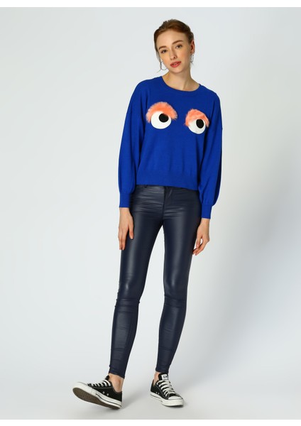 Peluş Detaylı Saks Mavisi Kazak