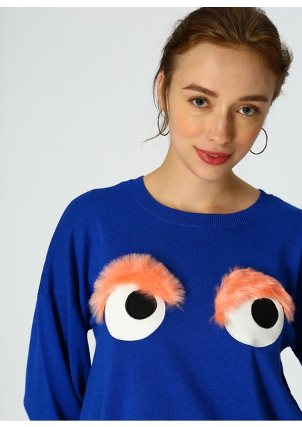 Peluş Detaylı Saks Mavisi Kazak fiyatları