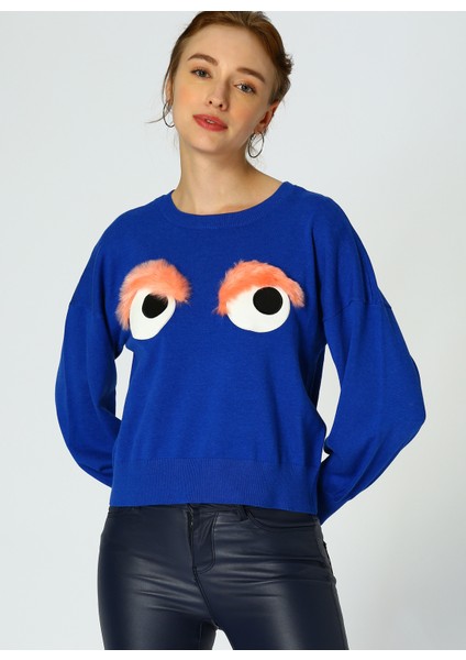 Peluş Detaylı Saks Mavisi Kazak fırsatları