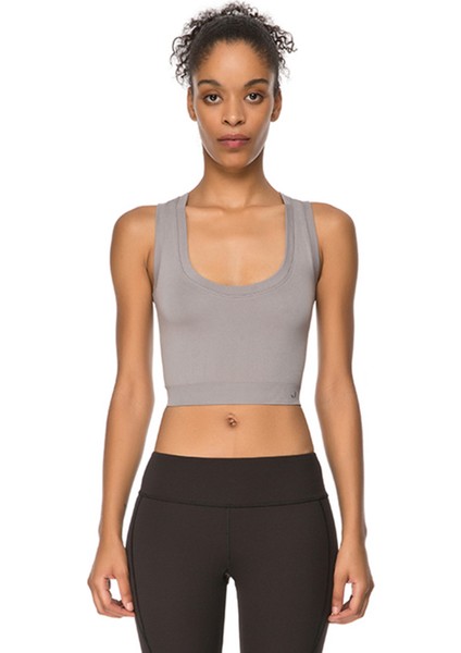 Linden Açık Yaka & Yumuşak Dokulu Gri Crop Top