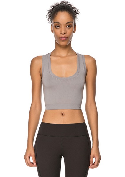 Linden Açık Yaka & Yumuşak Dokulu Gri Kadın Crop Top
