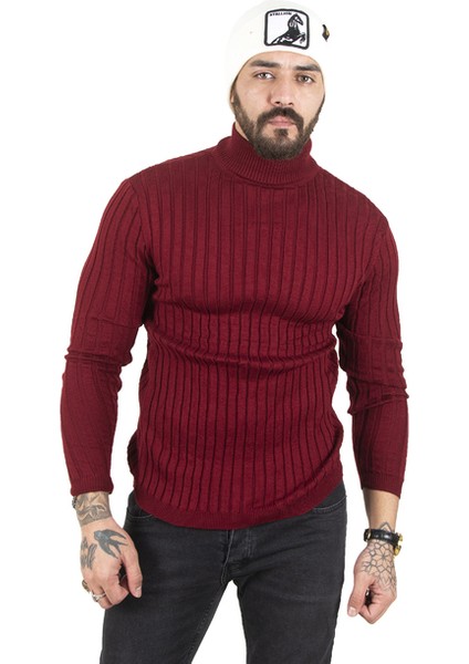 Bordo Yarım Balıkçı Yaka Çizgili Örme Kazak 2100017