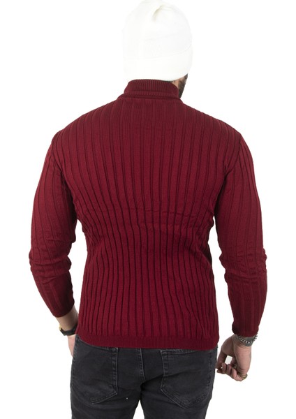 Bordo Yarım Balıkçı Yaka Çizgili Örme Kazak 2100017