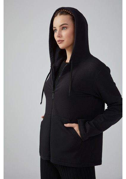 Kapüşonlu Cepli Sweatshirt Fermuarlı - Siyah