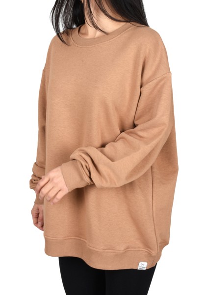 Oversıze Bisiklet Yaka Sweatshirt-Camel