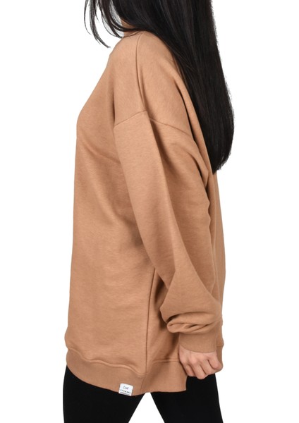 Oversıze Bisiklet Yaka Sweatshirt-Camel