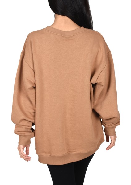 Oversıze Bisiklet Yaka Sweatshirt-Camel