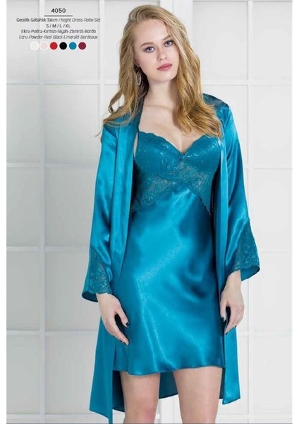 4050 Saten Dantel Gecelik Sabahlık Takım