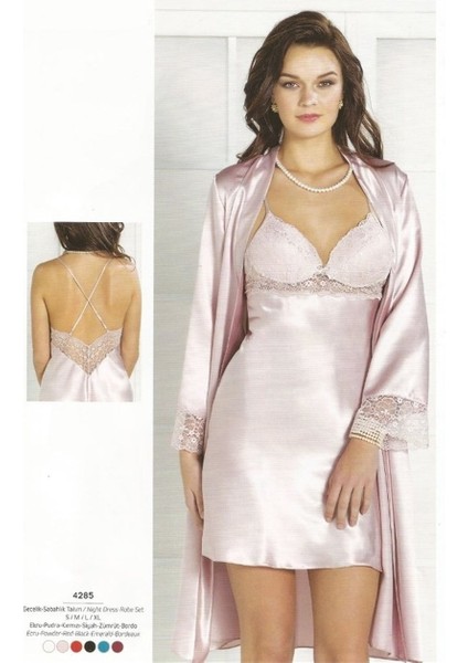 4285 Saten Dantel Gecelik Sabahlık Takım