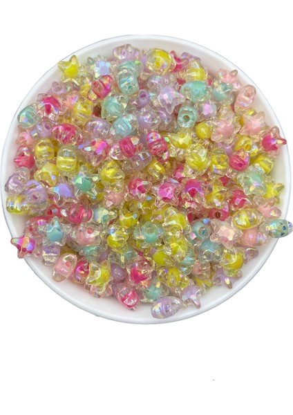 25 gr Janjanlı Içi Boncuklu Karışık Renkli 12MM Yıldız Model Boncuk,takı Boncuğu (25GR,~60 Adet)