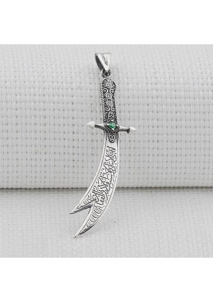 Yeşil Taşlı Hz Ali Zülfikar Kılıc 925 Ayar Gümüş Erkek Kolye Ucu