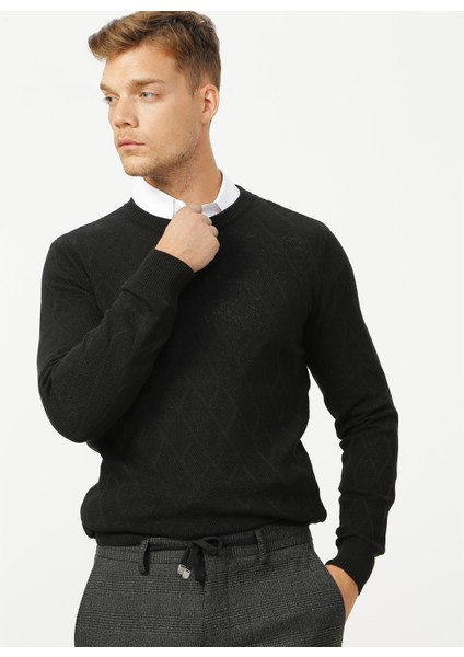 Bisiklet Yaka Basic Jakarlı Siyah Erkek Kazak - BENJAMIN