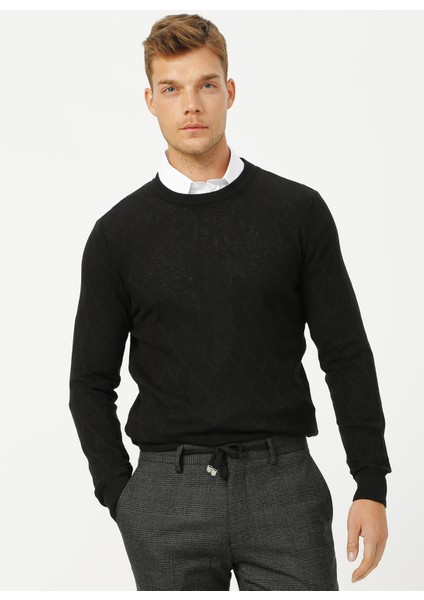 Bisiklet Yaka Basic Jakarlı Siyah Erkek Kazak - BENJAMIN fırsatları