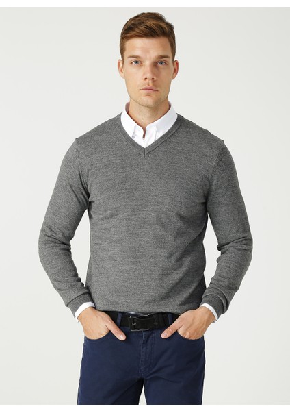 V Yaka Düz Gri Melanj Kazak