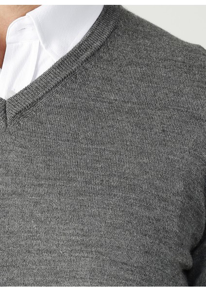 V Yaka Düz Gri Melanj Kazak fiyatları