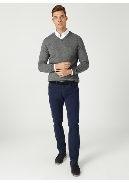 V Yaka Düz Gri Melanj Kazak indirimleri