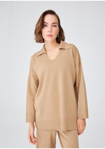 Polo V Yaka Bol Kesim Kadın Triko Kazak Camel Melanj modelleri