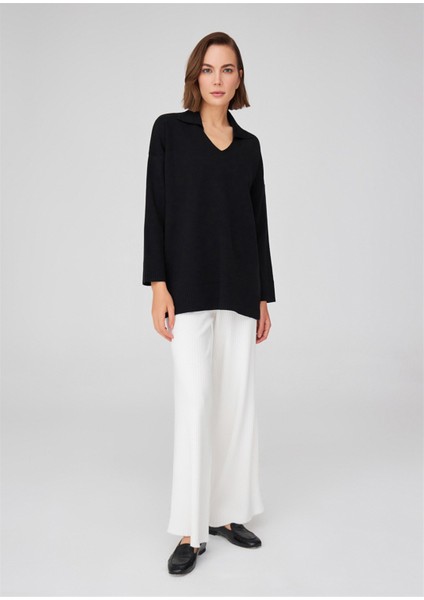 Polo V Yaka Bol Kesim Kadın Triko Kazak Siyah