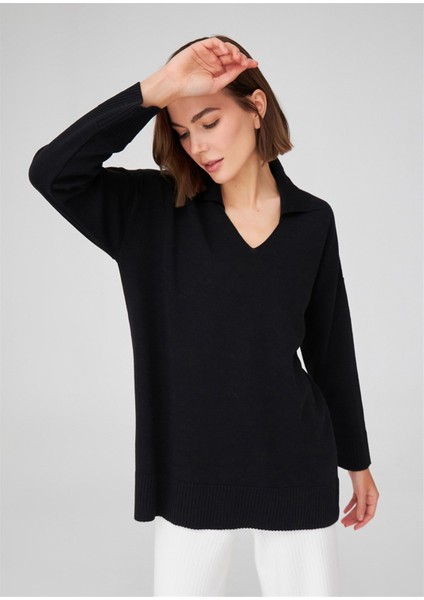 Polo V Yaka Bol Kesim Kadın Triko Kazak Siyah modelleri