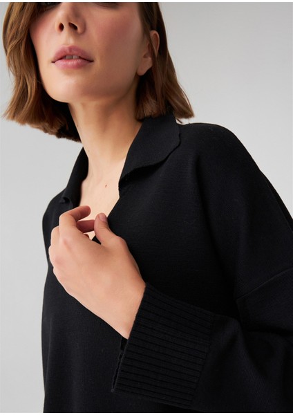 Polo V Yaka Bol Kesim Kadın Triko Kazak Siyah fırsatları