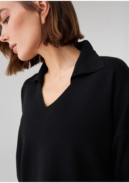 Polo V Yaka Bol Kesim Kadın Triko Kazak Siyah indirimleri