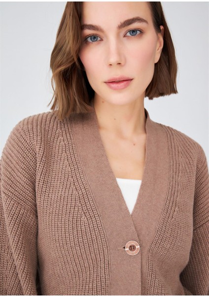 Selanik Örgü Pamuk V Yaka Kalın Hırka Camel Melanj fiyatları