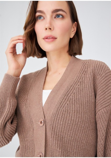 Selanik Örgü Pamuk V Yaka Kalın Hırka Camel Melanj fırsatları