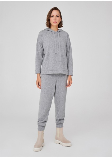 Kaşmir Karışım Kapşonlu Bol Kesim Kadın Triko Kazak Gri Melanj