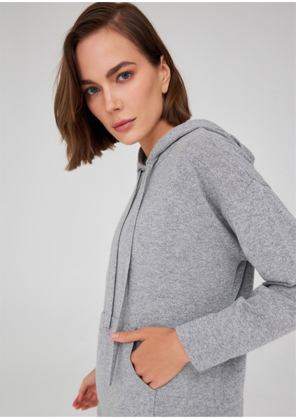 Kaşmir Karışım Kapşonlu Bol Kesim Kadın Triko Kazak Gri Melanj fırsatları