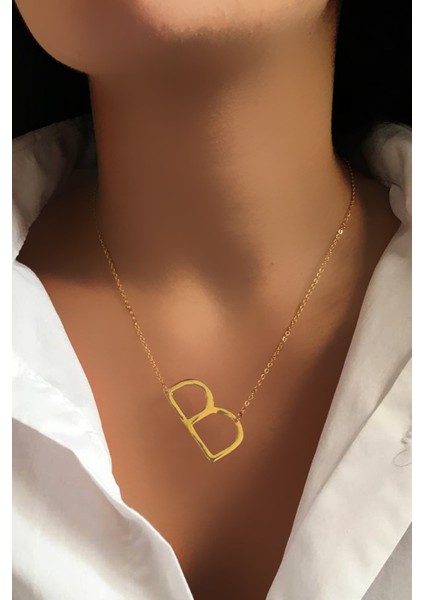 Gold Iri Plaka Harf Kolye B Harfi