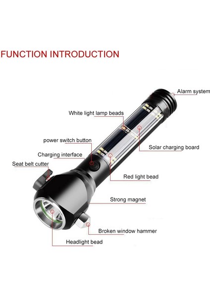 Çok Fonksiyonlu Araba Güvenlik Çekiç Güneş Alarmı Acil Çalışma El Feneri-Siyah