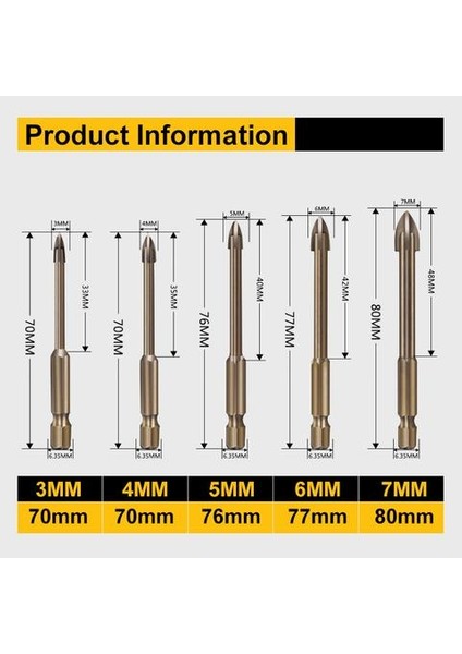 5 Adet Sondaj Aracı Çimentolu Karbür Matkap Ucu Seramik Tuğla Duvar Delik Açma Matkap Aksesuarları
