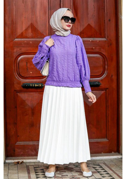 Neva Style -Balon Kollu Lila Tesettür Bluz 24271LILA