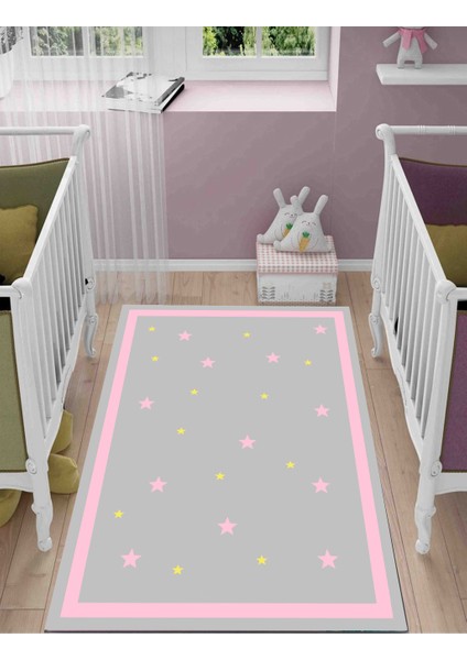 Yıldız Gri Çocuk Kaymaz Tabanlı Makinede Yıkanabilir Halı Kilim Yolluk Pembe