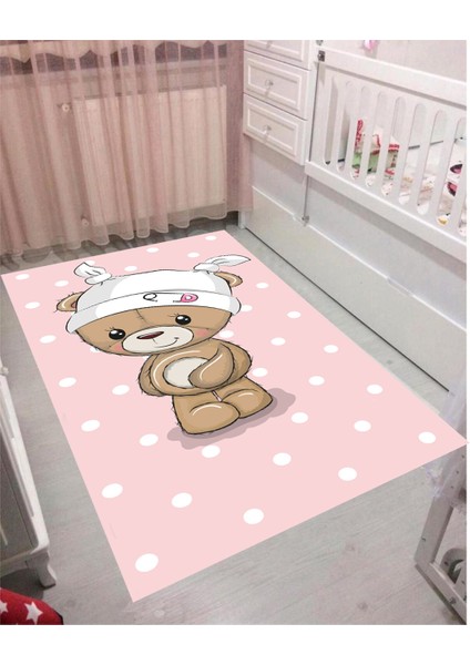 Ayıcık Çocuk Kaymaz Tabanlı Makinede Yıkanabilir Halı Kilim Yolluk Pembe