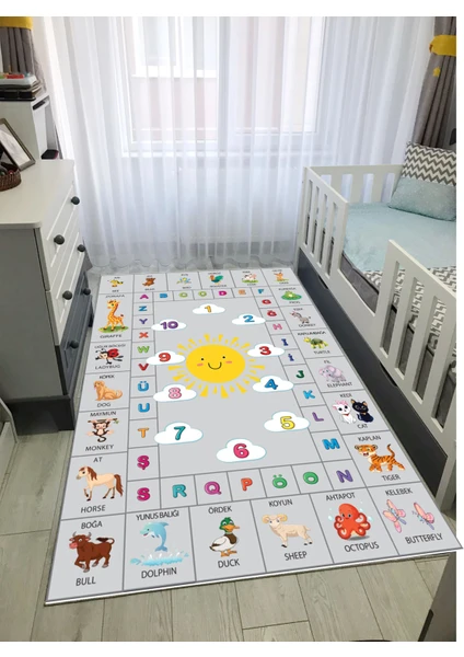 STY Home Eğitici Çocuk Kaymaz Tabanlı Makinede Yıkanabilir Halı Kilim Yolluk Gri