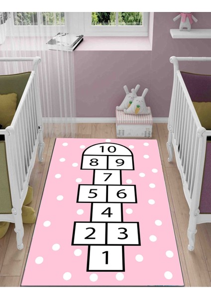 Seksek Çocuk Kaymaz Tabanlı Makinede Yıkanabilir Halı Kilim Yolluk Pembe