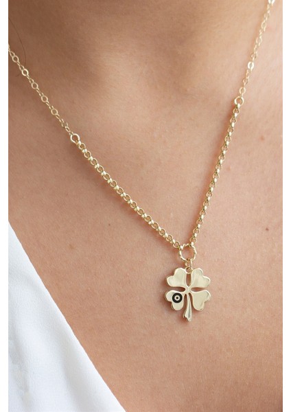 Altın Nazar Boncuklu Yonca Kolye