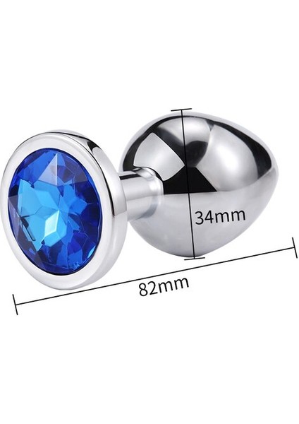 Metal Anal Vajinal Dildo Tıpa  M Size Mavi Taşlı
