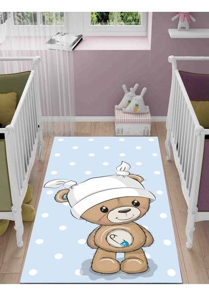 Ayıcık Çocuk Kaymaz Tabanlı Makinede Yıkanabilir Halı Kilim Yolluk Mavi