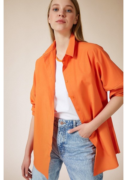 Kadın Oranj Oversize Uzun Basic Gömlek