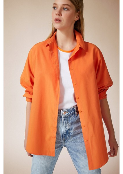 Kadın Oranj Oversize Uzun Basic Gömlek modelleri