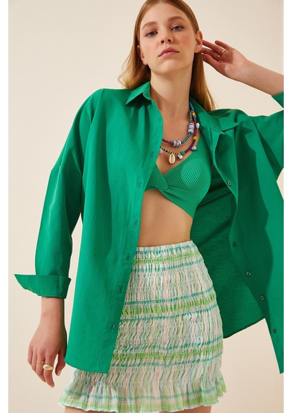 Kadın Koyu Yeşil Oversize Uzun Basic Gömlek