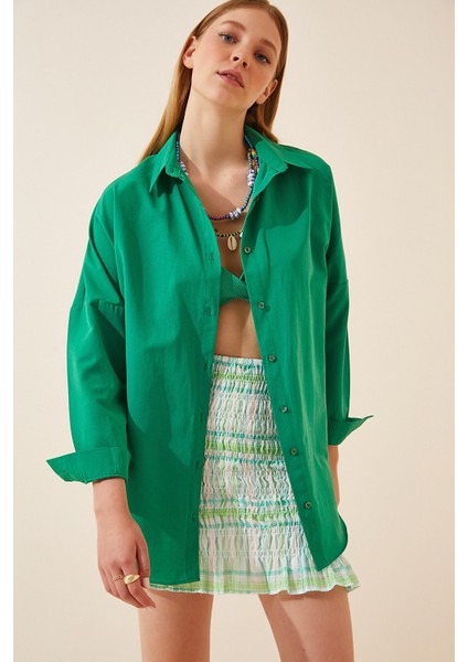 Kadın Koyu Yeşil Oversize Uzun Basic Gömlek fiyatları