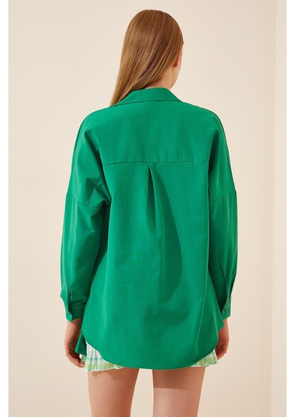 Kadın Koyu Yeşil Oversize Uzun Basic Gömlek modelleri