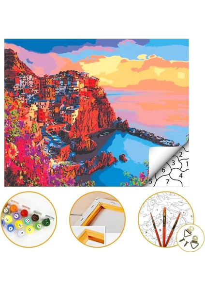Sahil Kasabası - Sayılarla Boyama Hobi Seti - Büyük Ölçü 60 x 75 cm Çerçeveli Boyalar ve Fırçalar Dahil