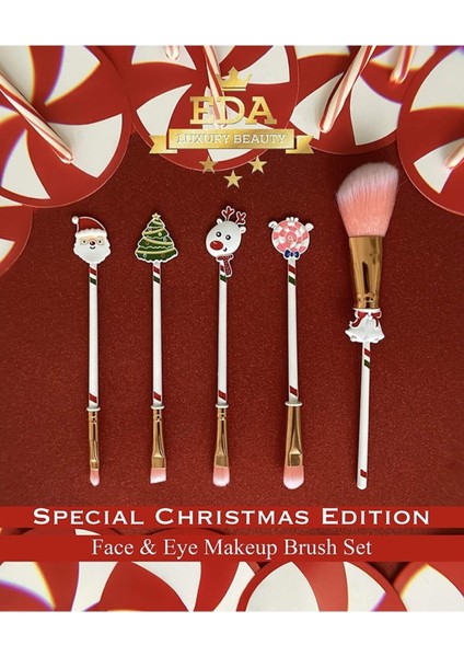 5'li Yılbaşı Özel Christmas Süslü Büyük Yüz & Göz Farı Pembe Makyaj Fırçası Seti Yeni Yıl Hediyesi fiyatları