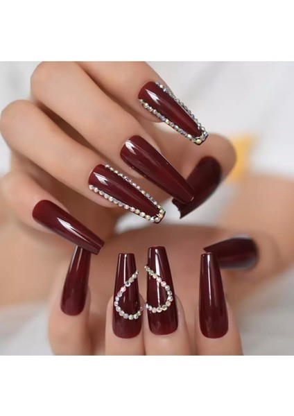 Eda Luxury Beauty Koyu Kırmızı Bordo Takma Tırnak Lüks 3D Kristal Taşlı Desenli Extra Uzun Kare Ballerina Nail Art