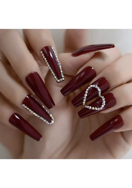 Eda Luxury Beauty Koyu Kırmızı Bordo Takma Tırnak Lüks 3D Kristal Taşlı Desenli Extra Uzun Kare Ballerina Nail Art